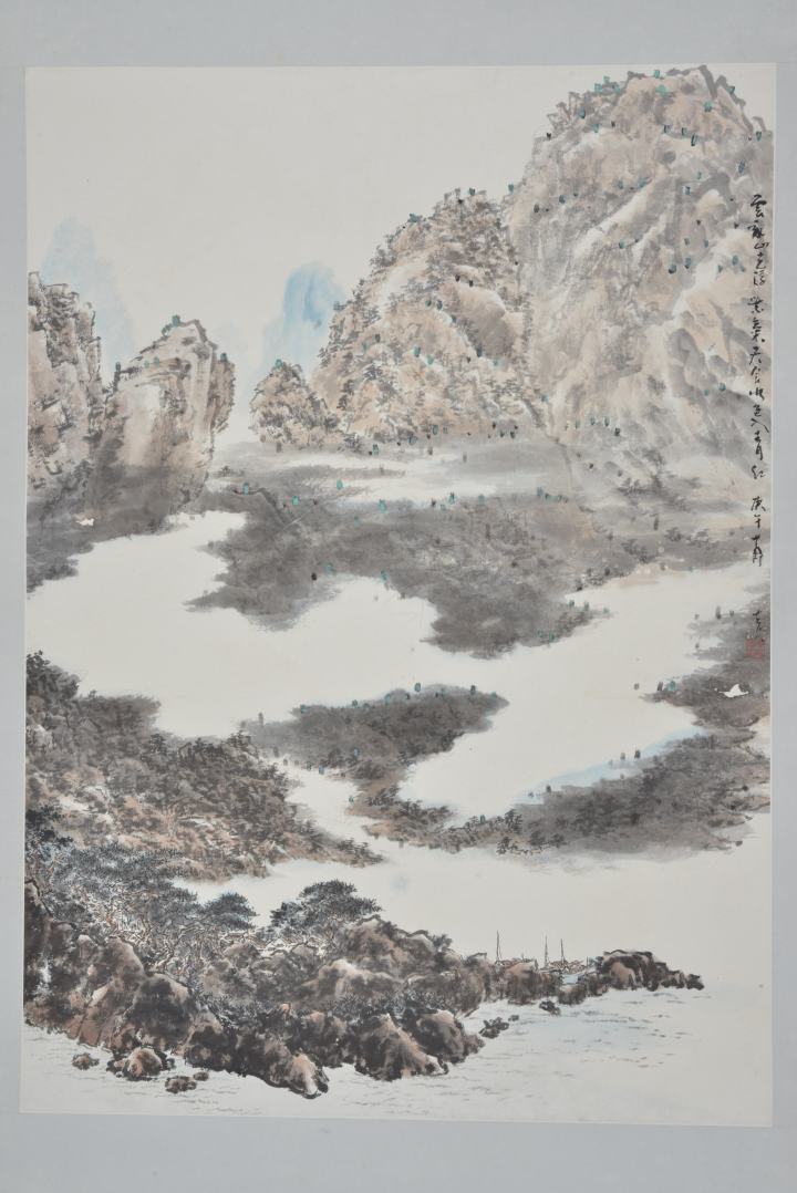 山水 設色紙本直幅 116 x 83 cm 高勵節集眾家所長，成就了“折衷中西、融匯古今”的獨特畫風。他的山水畫尤為出色，融合嶺南畫派的細膩及黃賓虹山水的氣勢。